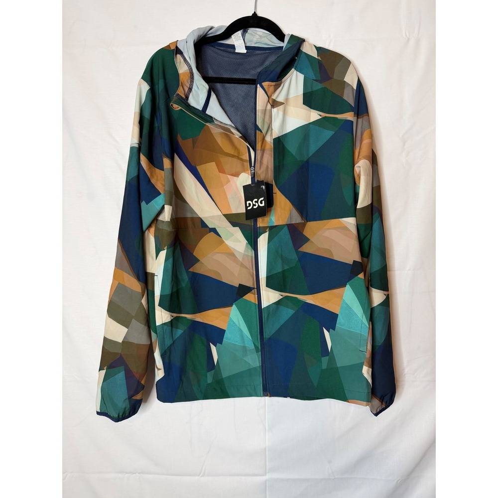 DSG Full Zip Run Jacket Geometric Windbreaker Hooded L Multicolor Athletic New
